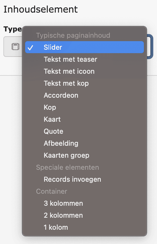Content types dropdown